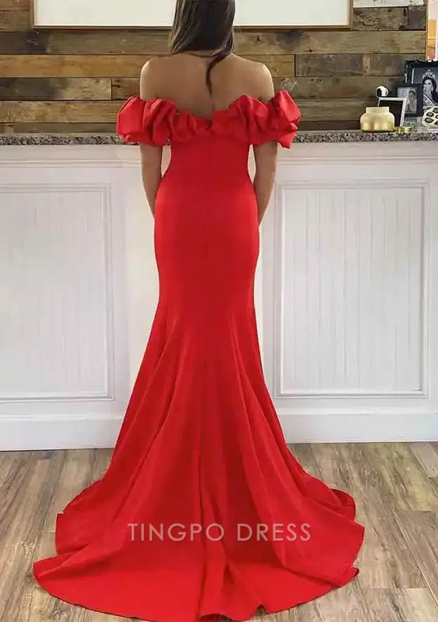 TingPo Wholesale Elegant Sheath/Column Off-the-Shoulder Sleeveless Sweep Train Satin Prom Dress With Ruffles Split